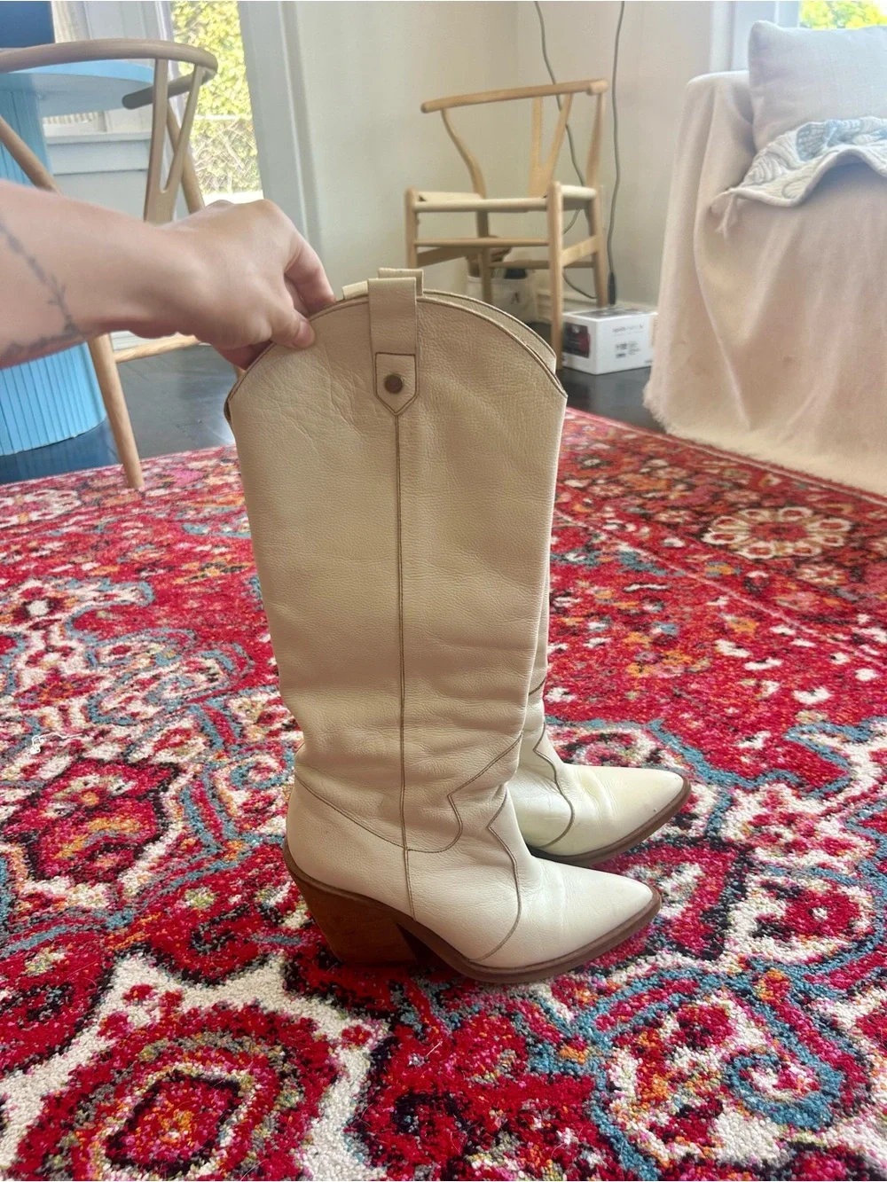 White Over-the-Knee Leather Western Boots with Block Heel